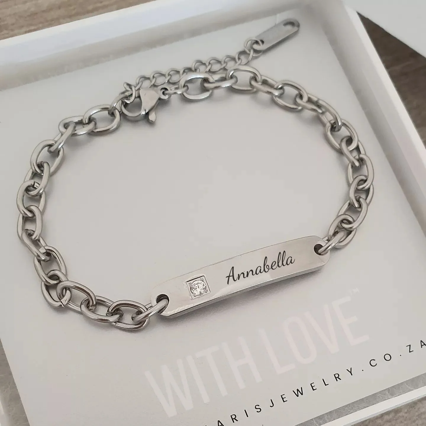 Gianna Personalized Stainless Steel CZ ID bracelet, Adjustable up to 21cm (READY IN 3 DAYS) - Image 3